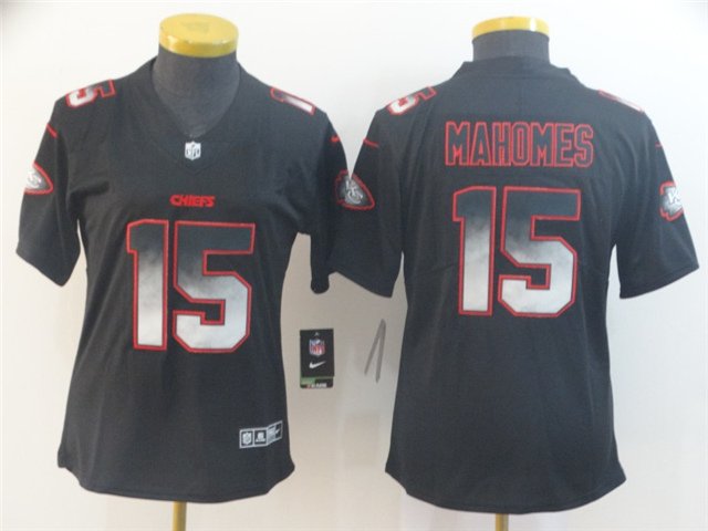 Women's Kansas City Chiefs #15 Patrick Mahomes Jersey Black Arch Smoke Limited Football