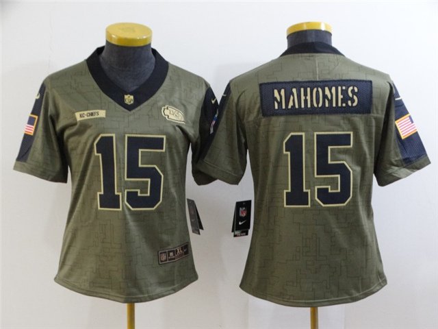 Women's Kansas City Chiefs #15 Patrick Mahomes Jersey 2021 Olive Salute To Service Limited Football