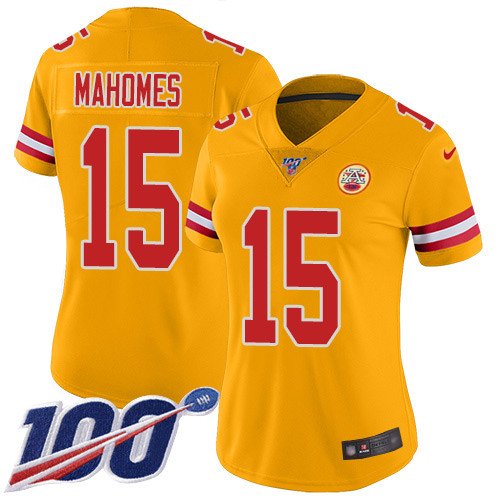 Women's Kansas City Chiefs #15 Patrick Mahomes Jersey 100th Season Gold Inverted Legend Football