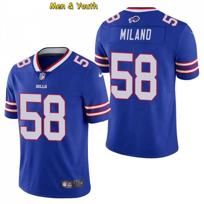 men's & youth Buffalo Bills #58 Matt Milano Jersey Team Game Player Royal  Limited Football