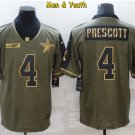 men's & youth Dallas Cowboys #4 Dak Prescott Jersey 2021 Olive Gold Salute To Service Football