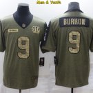 men's & youth Cincinnati Bengals #9 Joe Burrow Jersey 2021 Olive Camo Salute To Service Football