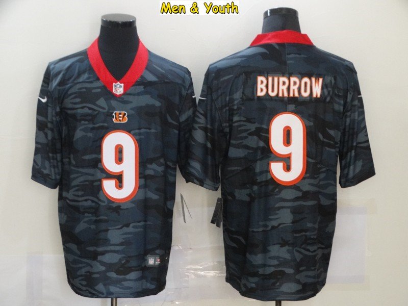 men's & youth Cincinnati Bengals #9 Joe Burrow Jersey Black Camo ...