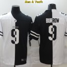 men's & youth Cincinnati Bengals #9 Joe Burrow Jersey Black And White Split Limited Football