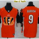 men's & youth Cincinnati Bengals #9 Joe Burrow Jersey Orange Team Big Logo Limited Football