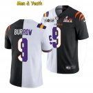 men's & youth Bengals x LSU Tigers #9 Joe Burrow Jersey 2022 White/Black Split Super Bowl LVI