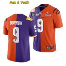 men's & youth Bengals x LSU Tigers #9 Joe Burrow Jersey 2022 Purple/Orange Split Super Bowl LVI
