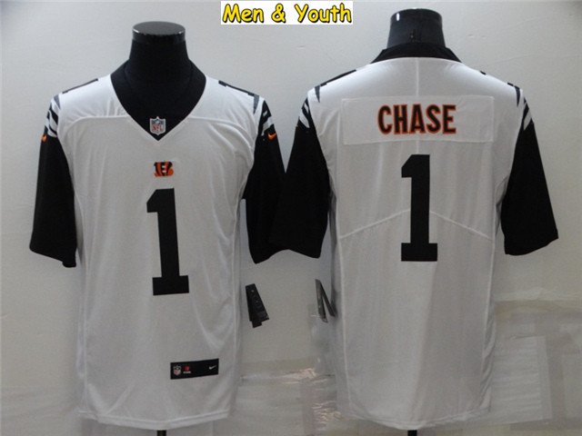men's & youth Cincinnati Bengals #1 Ja'Marr Chase Jersey Team Game Player White Alternate Football