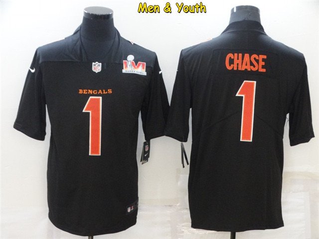 men's & youth Cincinnati Bengals #1 Ja'Marr Chase Jersey Black Super Bowl LVI Fashion Football