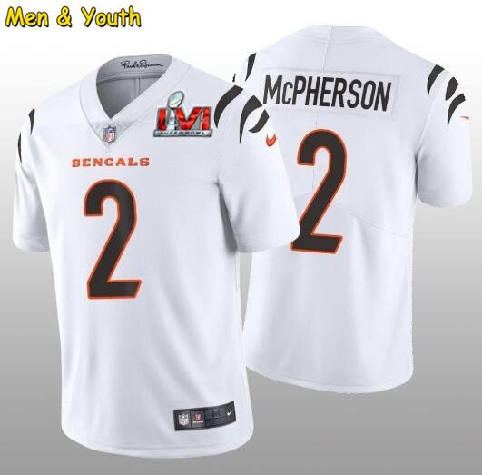 men's & youth Cincinnati Bengals #2 Evan McPherson Jersey White 2022 Super Bowl LVI Limited Football