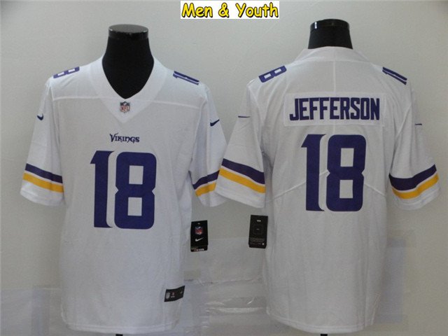 men's & youth Minnesota Vikings #18 Justin Jefferson Jersey Team Game  Player White Limited Football