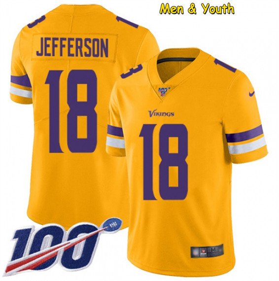 men's & youth Minnesota Vikings #18 Justin Jefferson Jersey 100th