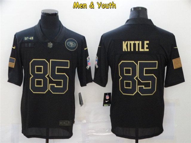 men's & youth San Francisco 49ers #85 George Kittle Jersey 2020 Black Salute To Service Football