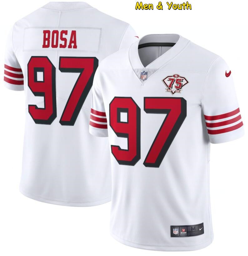 men's & youth #97 Nick Bosa Jersey White 75th Anniversary Patch Alternate Football