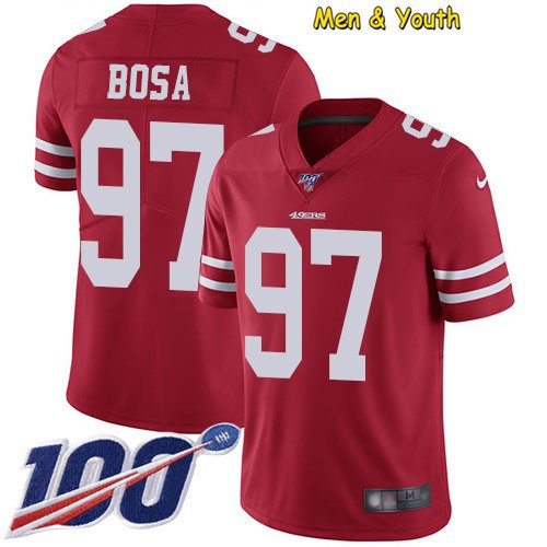 Men's #97 Nick Bosa Jersey Team Game Player 100th Season Red Limited Football