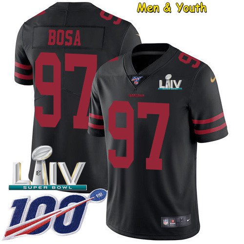 Men's #97 Nick Bosa Jersey Team Game Player 100th Season Black Super Bowl LIV Limited Football