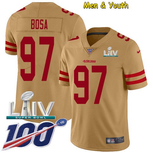 Men's #97 Nick Bosa Jersey 100th Season Gold Inverted Legend Super Bowl LIV Limited Football