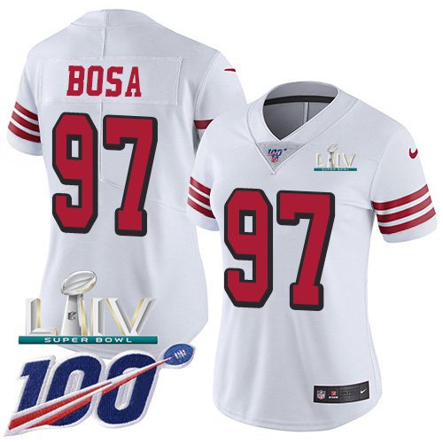 Women's #97 Nick Bosa Jersey 100th Season White Super Bowl LIV Alternate Football