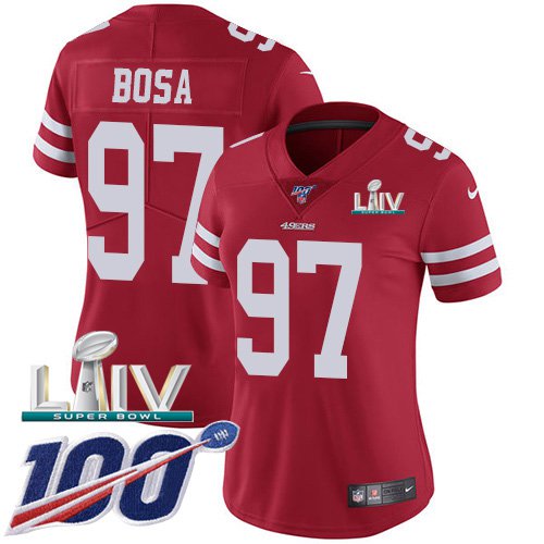 Women's #97 Nick Bosa Jersey 100th Season Red Super Bowl LIV Limited Football