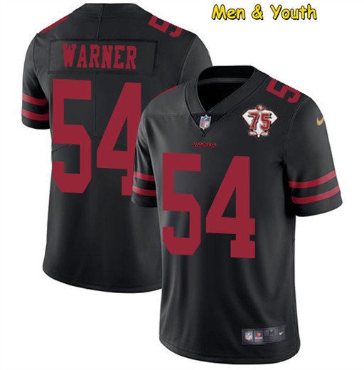 men's & youth #54 Fred Warner Jersey Team Game Player Black 75th Patch Limited Football