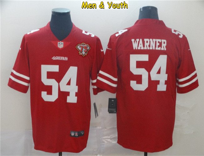 men's & youth #54 Fred Warner Jersey Team Game Player Red 75th Patch Limited Football