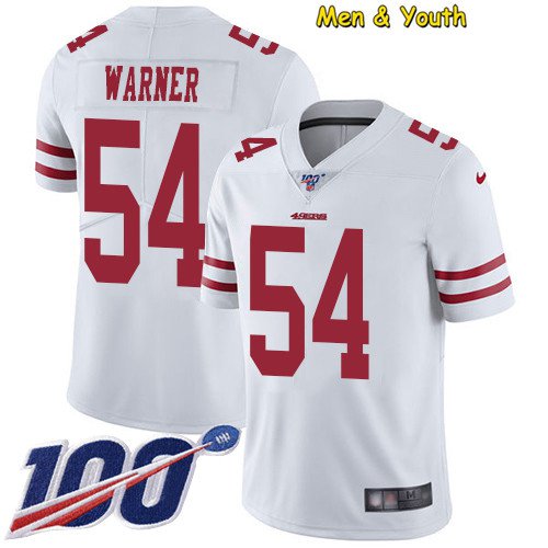 men's & youth #54 Fred Warner Jersey 100th Season Team Game Player White Limited Football