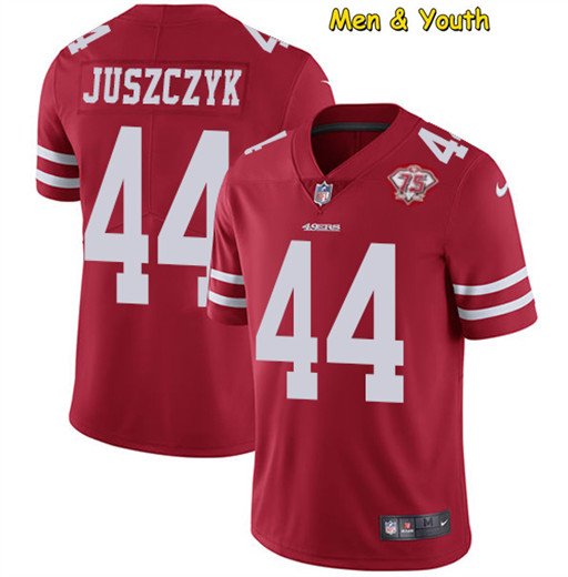 men's & youth #44 Kyle Juszczyk Jersey Team Game Player Red 75th Patch Limited Football