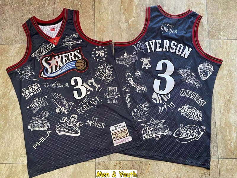 men's & youth Sixers #3 Allen Iverson Jersey Blue Throwback Basketball