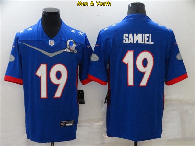 men's & youth Football Team Uniform #19 Deebo Samuel Jerseys Blue 2022 Pro  Bowl Game Shirts