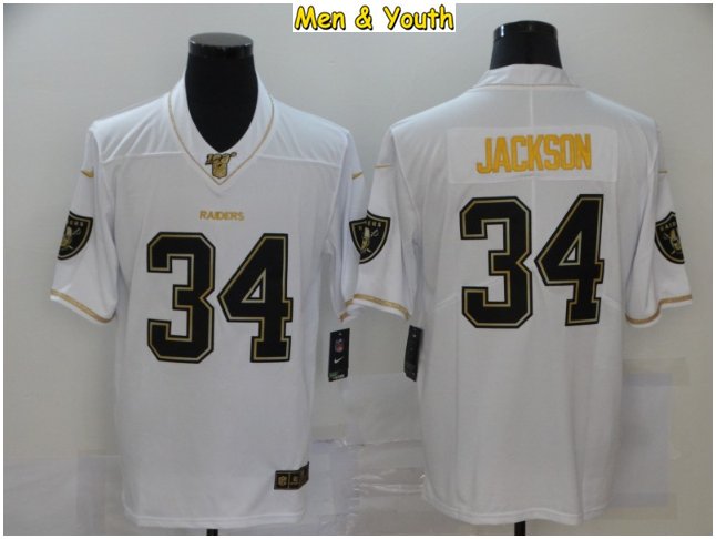 men's & youth Football Team Uniform #34 Bo Jackson Jerseys White Golden ...