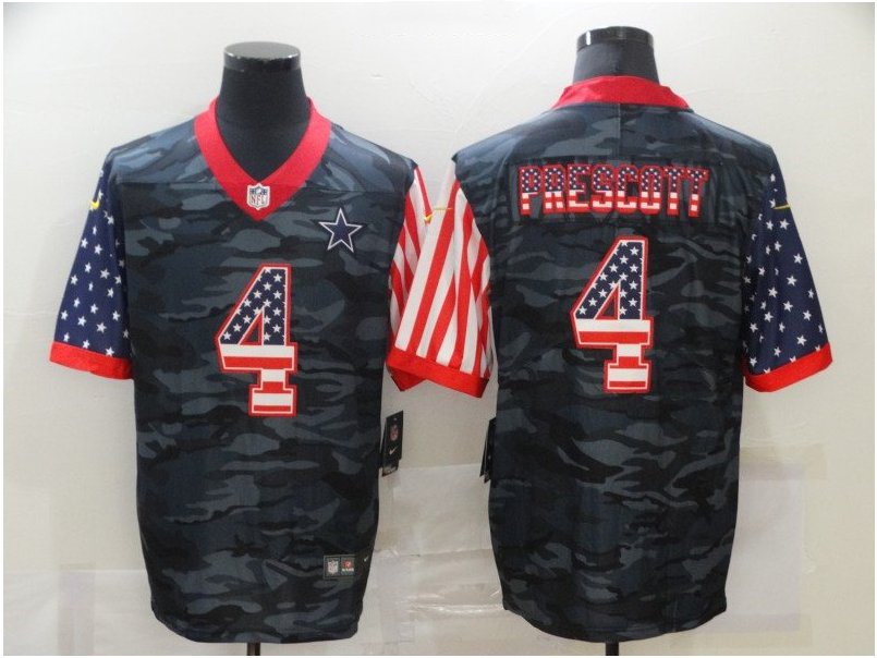 Men's Football Team Uniform #4 Dak Prescott Jerseys Black Camo USA Flag ...