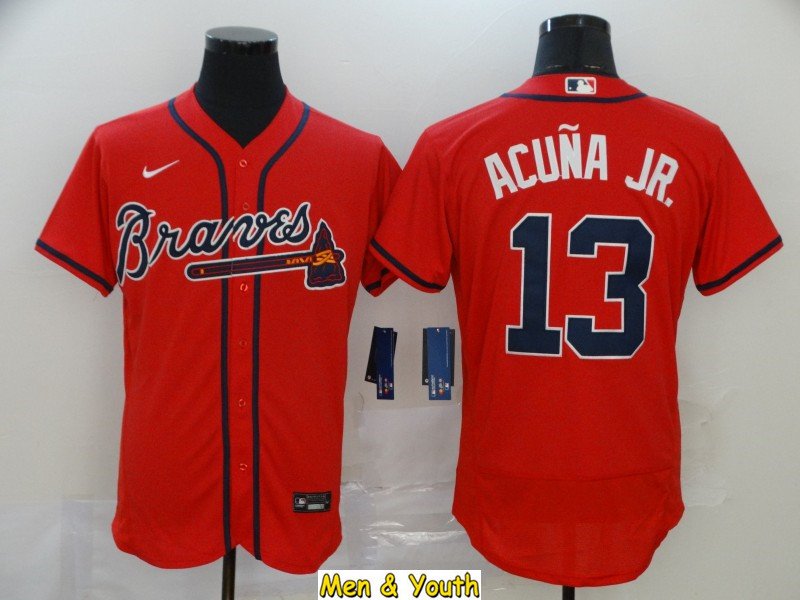 men's & youth Baseball Team Uniform #13 Ronald Acuna Jr. Jerseys Red FlexBase League Shirts