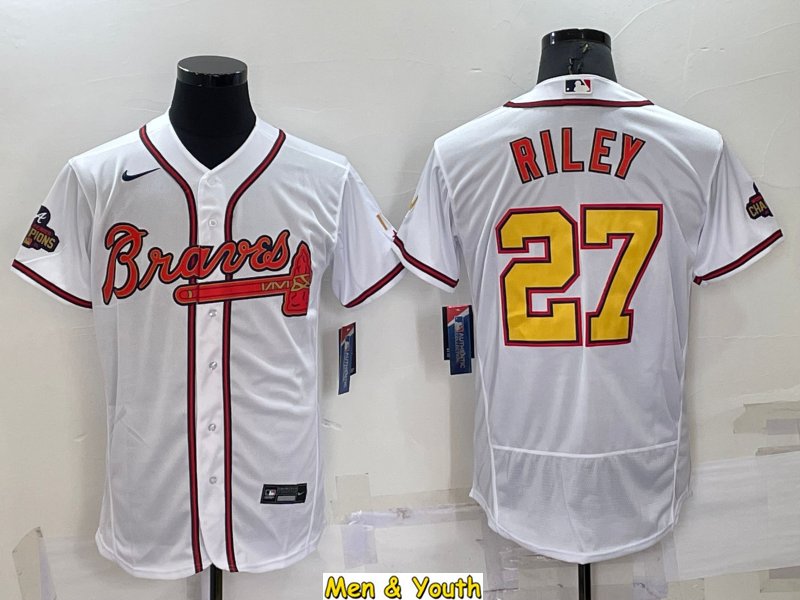 men's & youth Baseball Team Uniform #27 Austin Riley Jerseys White Gold 2021 Champions Patch Shirts