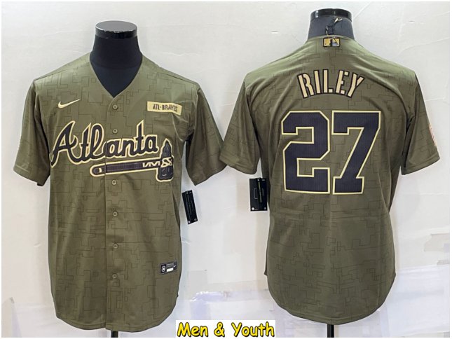 men's & youth Baseball Team Uniform #27 Austin Riley Jerseys Camo Salute Service League Shirts