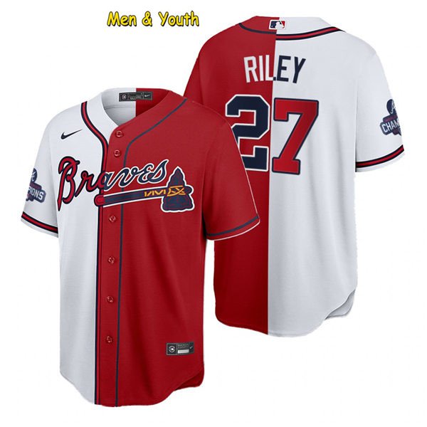 men's & youth Baseball Team Uniform #27 Austin Riley Jerseys Split White/Red 2021 Champion Shirts