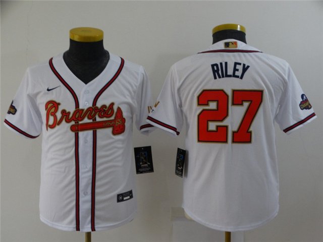 Youth Baseball Team Uniform #27 Austin Riley Jerseys White 2022 Gold Program CoolBase kids Shirts