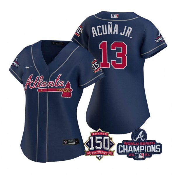 women's Baseball Uniform #13 Ronald Acuna Jr. Jerseys Navy 2021 Champions 150th Patch lady Shirts