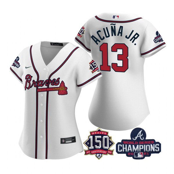 women's Baseball Uniform #13 Ronald Acuna Jr. Jerseys White 2021 Champions 150th Patch lady Shirts