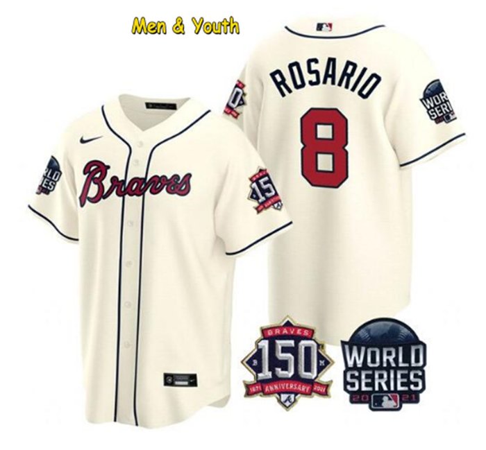 men's & youth Baseball Team Uniform 8 Eddie Rosario Jerseys Cream 2021