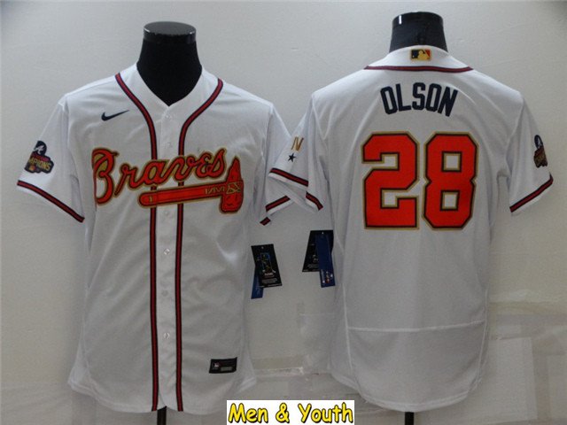 men's & youth Baseball Team Uniform #28 Matt Olson Jerseys White 2022 Gold Program FlexBase Shirts