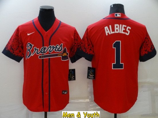 men's & youth Baseball Team Uniform #1 Ozzie Albies Jerseys Red City Connect CoolBase Shirts