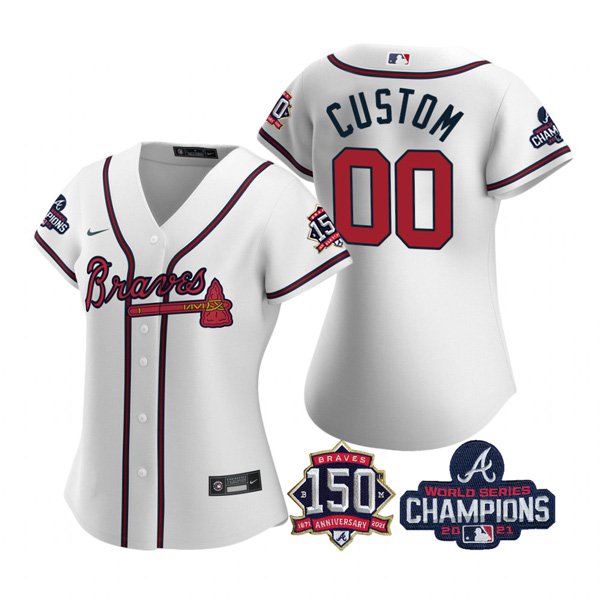 women's Baseball Braves Uniform #00 Custom Jerseys White 2021 Champions 150th Patch lady Shirts