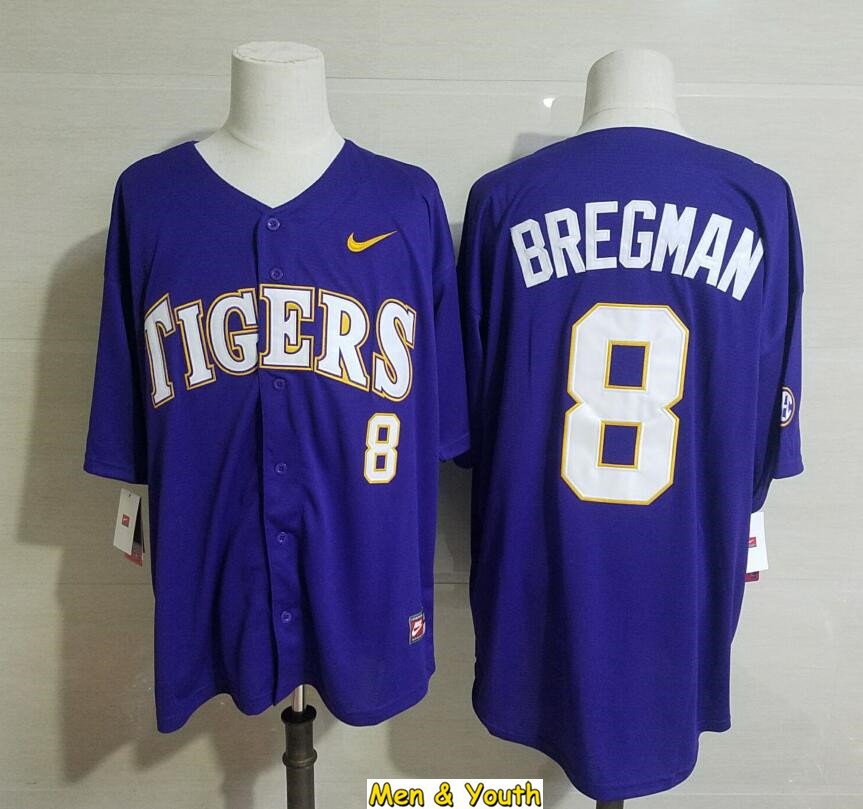 men's & youth Baseball Team Uniform 8 Alex Bregman Jerseys Purple LSU College Game League Shirts