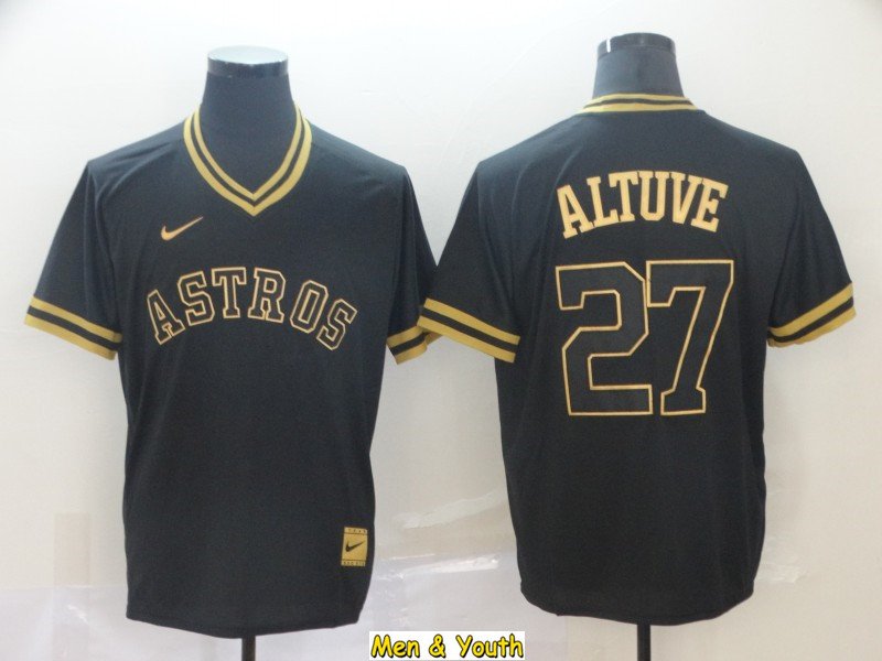 men's & youth Baseball Team Uniform #27 Jose Altuve Jerseys Black Gold Cooperstown V Neck Shirts