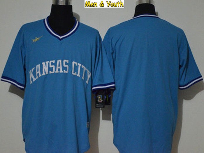 men's & youth Baseball Uniform Kansas City Royals Blank Jerseys Light Blue Cooperstown V Neck Shirts