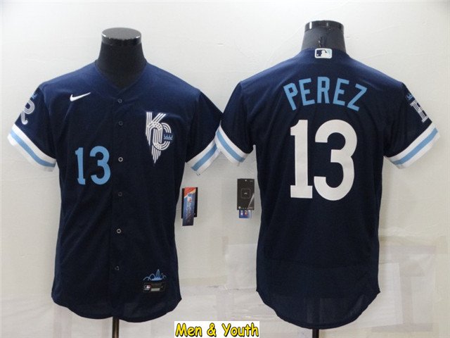 men's & youth Baseball Team Uniform #13 Salvador Perez Jerseys Navy City Connect FlexBase Shirts