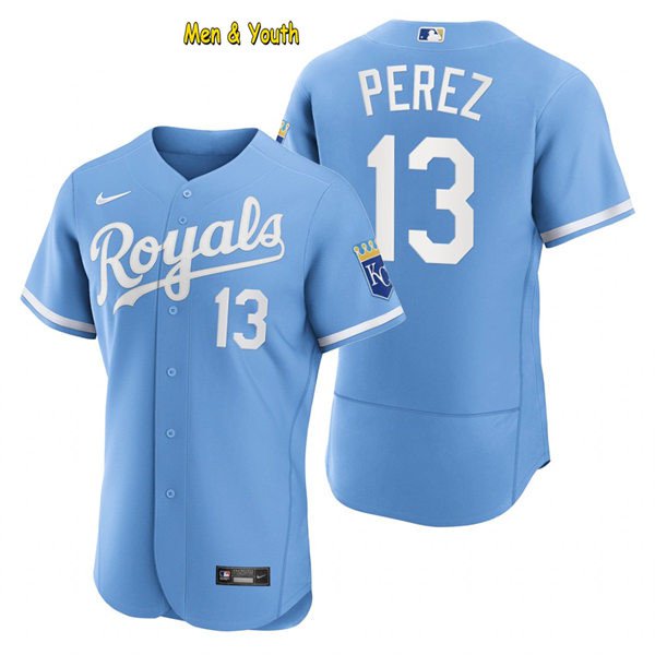 men's & youth Baseball Team Uniform #13 Salvador Perez Jerseys Light Blue Alternate FlexBase Shirts