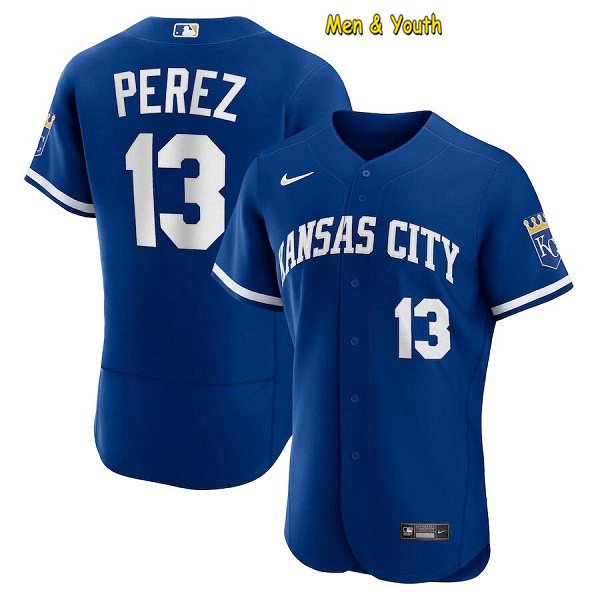 men's & youth Baseball Team Uniform #13 Salvador Perez Jerseys Royal Alternate FlexBase Shirts