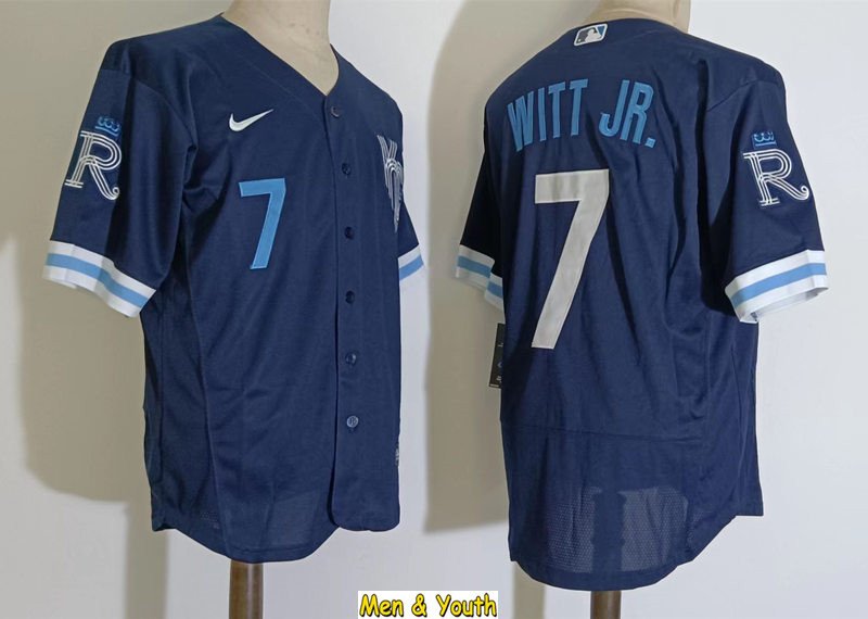 men's & youth Baseball Team Uniform #7 Bobby Witt Jr. Jerseys Navy City Connect FlexBase Shirts