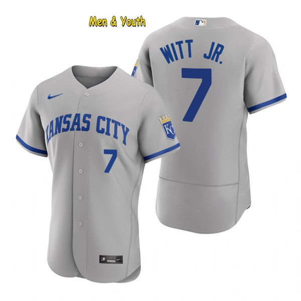 men's & youth Baseball Team Uniform #7 Bobby Witt Jr. Jerseys Gray Road FlexBase League Shirts